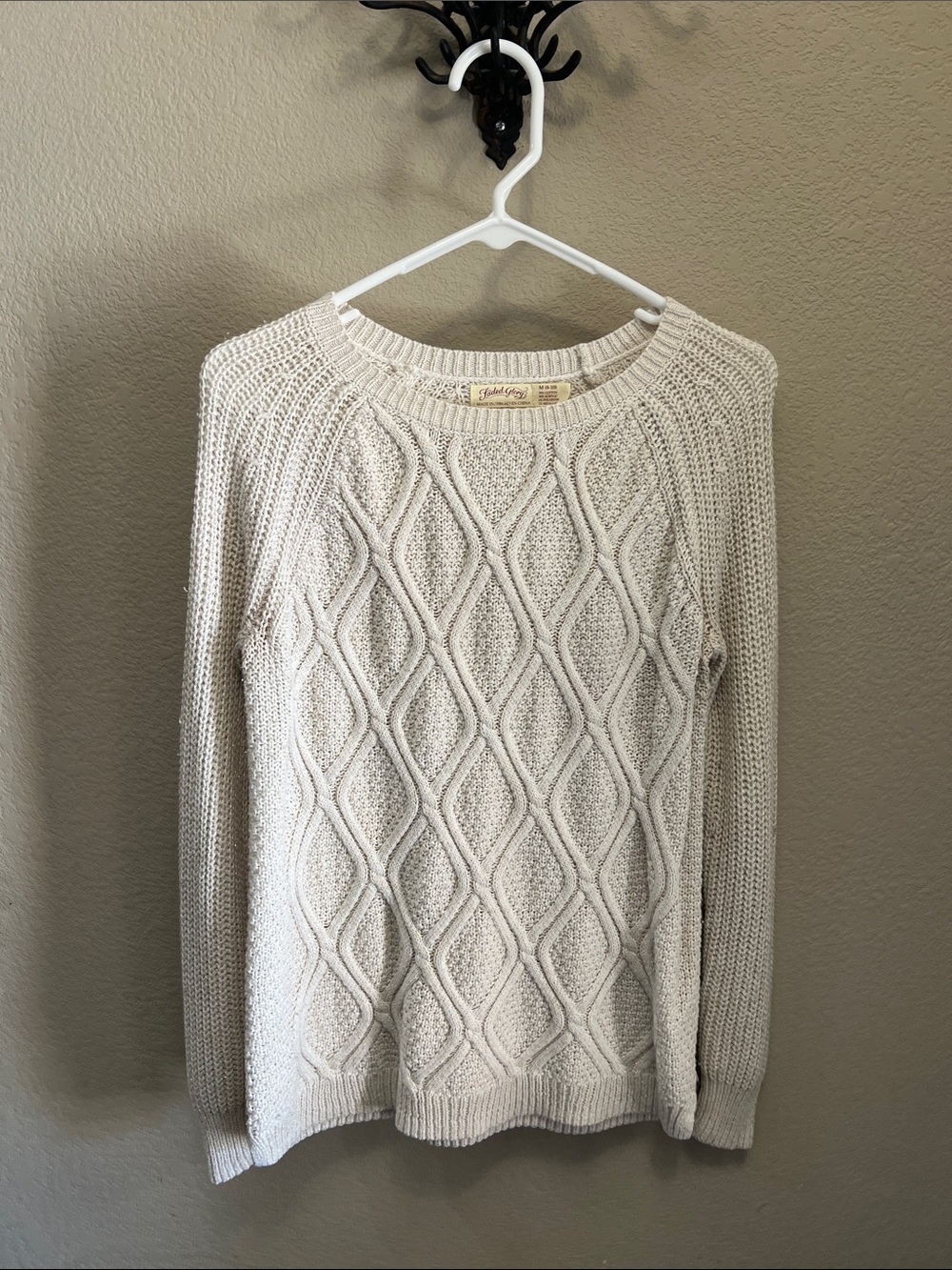 Faded Glory Ivory Diamond Cable Crewneck Sweater